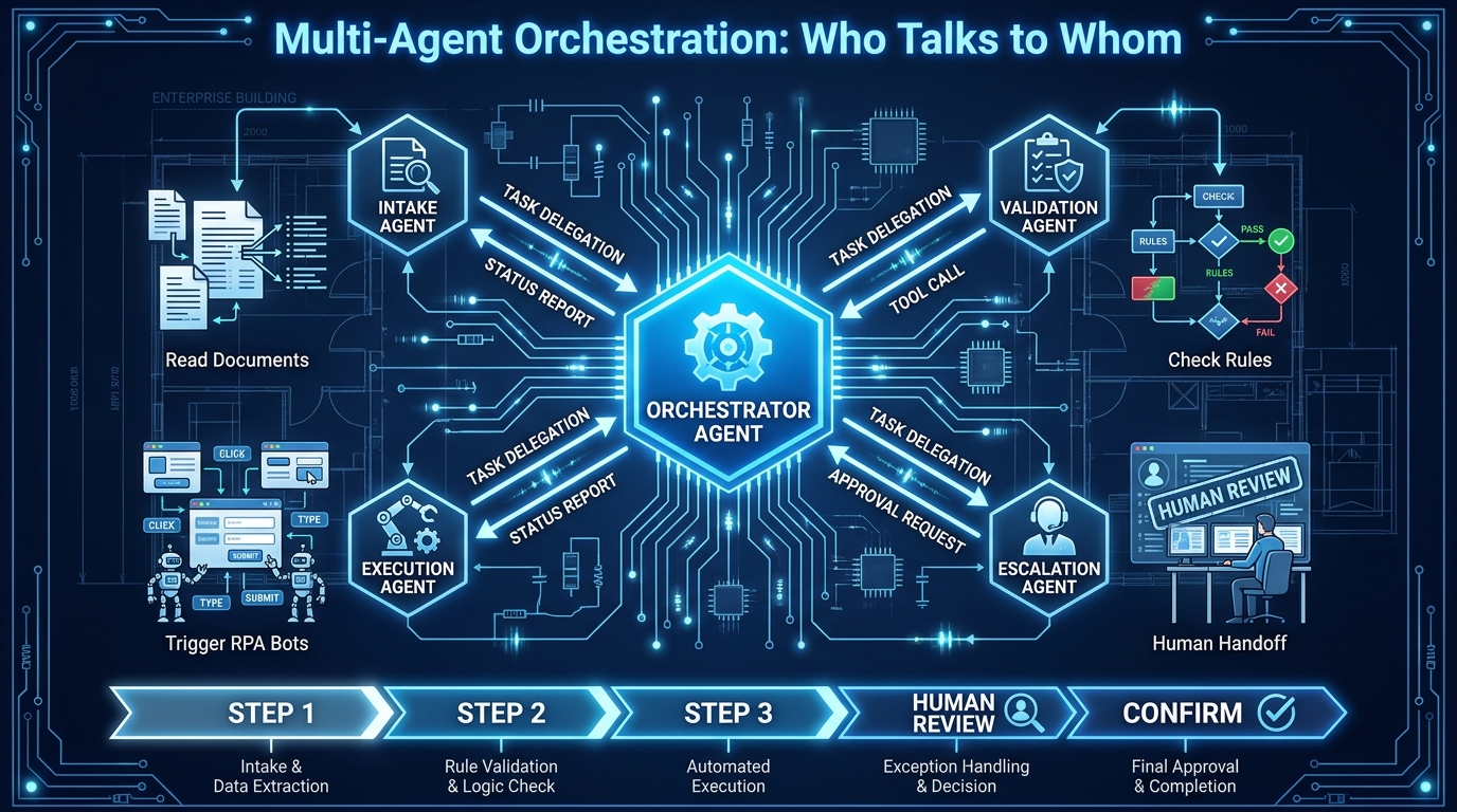 Multi-agent orchestration hub-and-spoke diagram with orchestrator agent, intake agent, validation agent, execution agent, and escalation agent