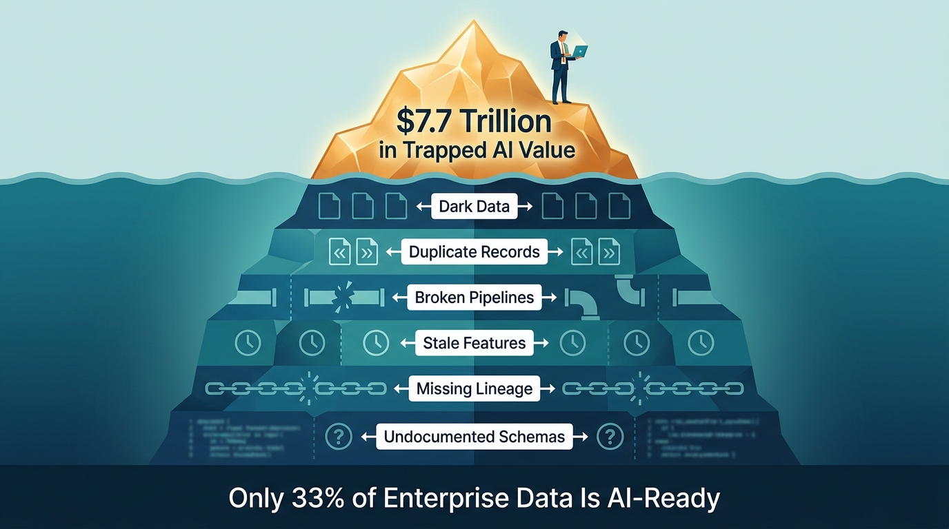 Iceberg infographic showing $7.7 Trillion in Trapped AI Value above water, with enterprise data problems like Dark Data, Missing Lineage, and Broken Pipelines below the surface, and text: Only 33% of Enterprise Data Is AI-Ready