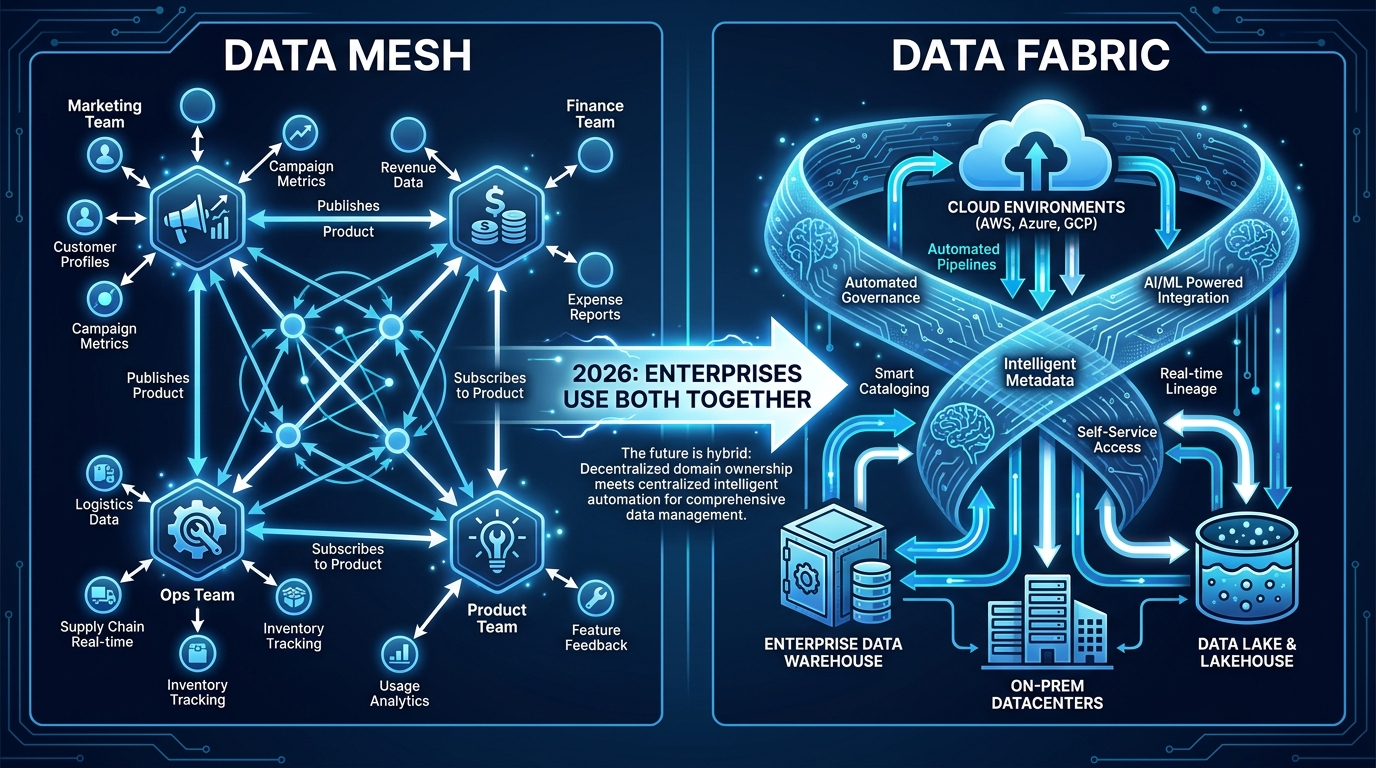 Technical diagram comparing Data Mesh (decentralized domain-owned data products) versus Data Fabric (centralized metadata-driven integration layer), with a center label: 2026 Enterprises Use Both Together