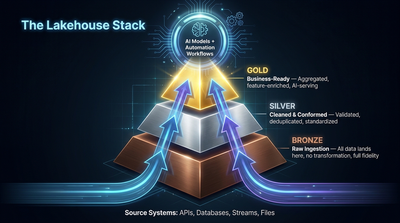 Layered pyramid diagram of the enterprise Lakehouse Stack with Bronze raw ingestion at the base, Silver cleaned and conformed data in the middle, and Gold business-ready AI-serving data at the top, with AI models above the pyramid