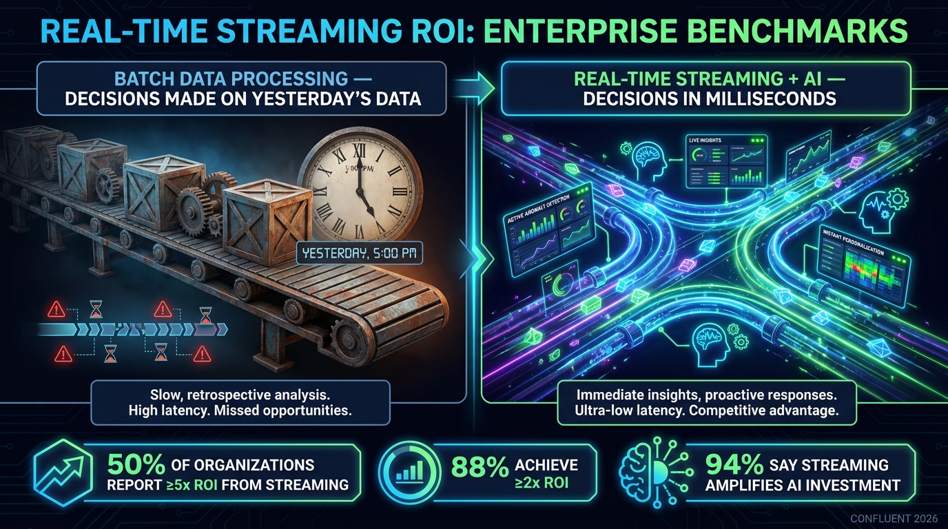 Split comparison showing batch data processing on the left with stalled conveyor belt labeled Decisions Made on Yesterday's Data, versus real-time streaming and AI on the right with fast-flowing data and live dashboards, with stat callouts: 50% of Organizations Report 5x ROI, 88% Achieve 2x ROI, 94% Say Streaming Amplifies AI Investment