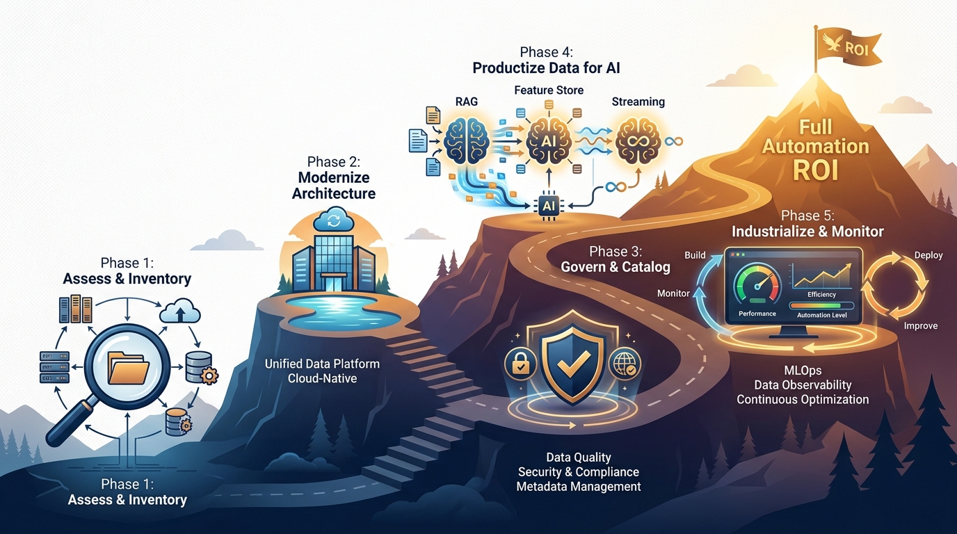Five-phase roadmap illustration as a winding uphill road with labeled stages: Phase 1 Assess and Inventory, Phase 2 Modernize Architecture, Phase 3 Govern and Catalog, Phase 4 Productize Data for AI, Phase 5 Industrialize and Monitor, culminating at a mountain peak labeled Full Automation ROI