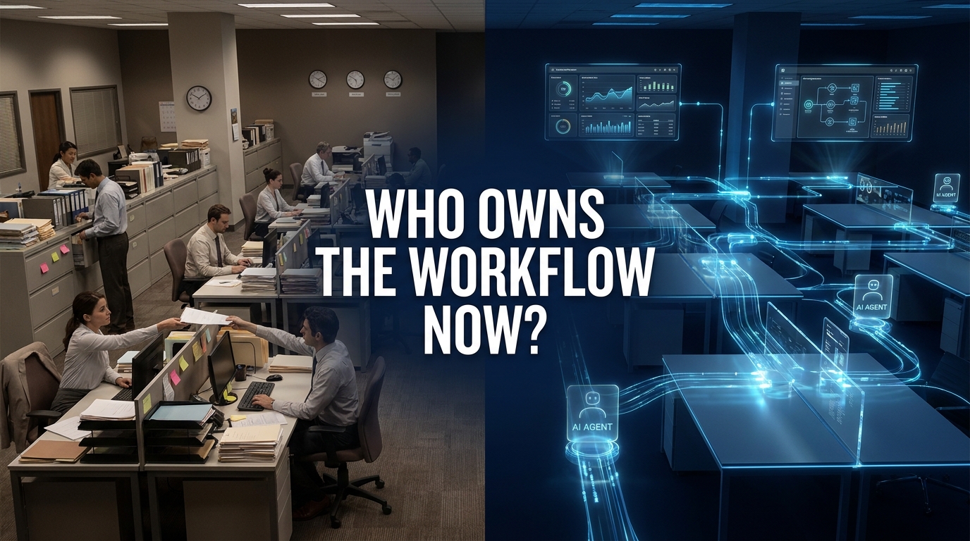 Split view showing traditional human-run office workflows on the left versus AI agent-powered automated workflows on the right, with the question 'Who Owns the Workflow Now?'