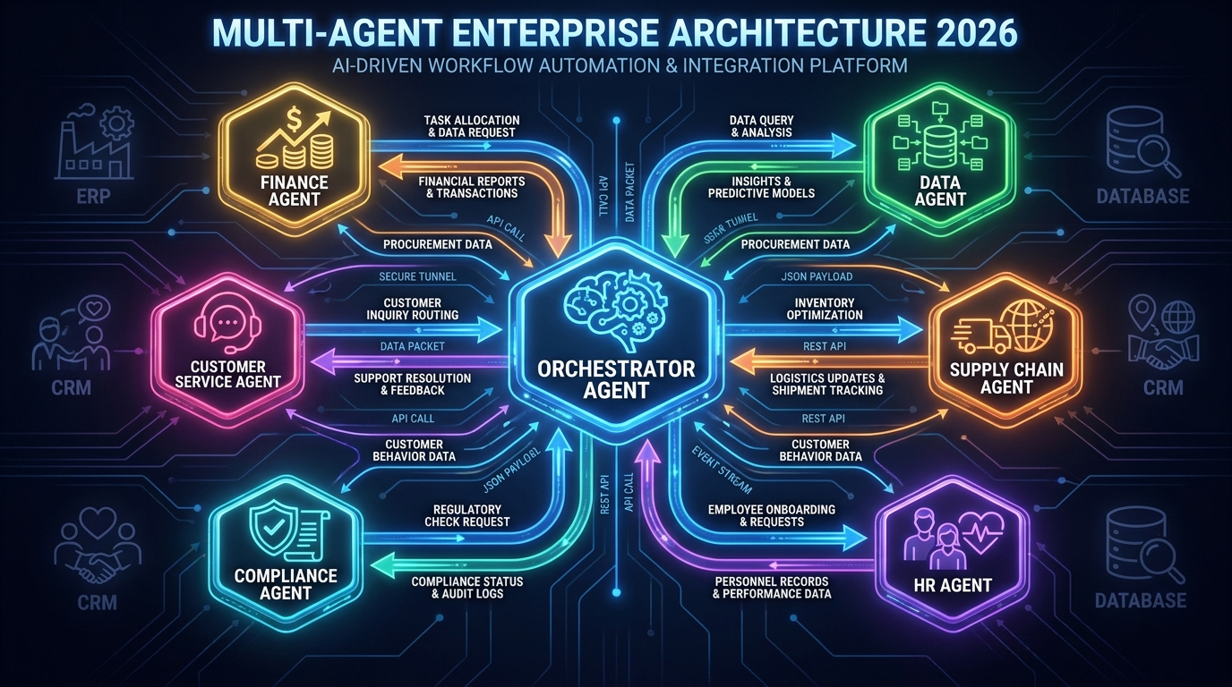 Multi-agent enterprise architecture showing a central orchestrator agent connected to six specialized agents including Finance, Customer Service, Compliance, Data, Supply Chain, and HR agents