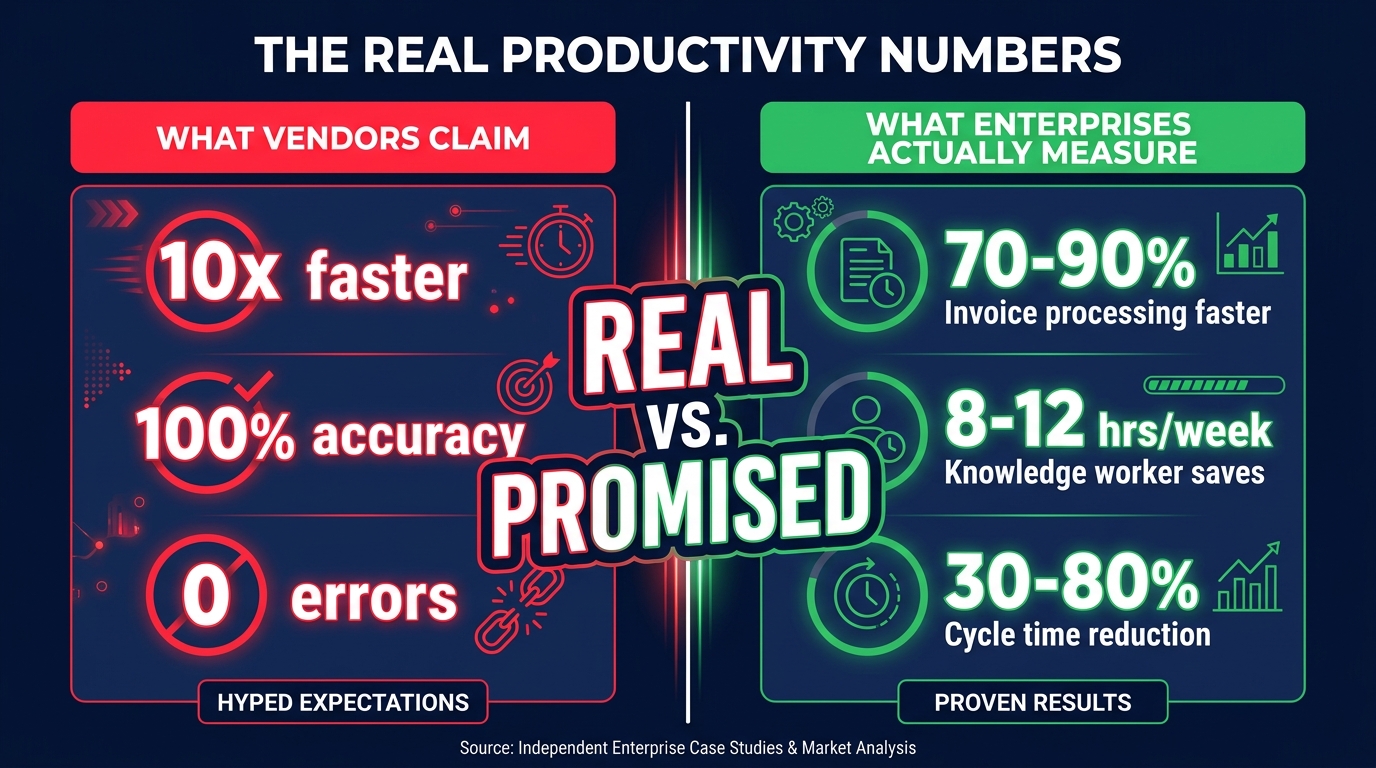 Comparison chart showing vendor productivity claims versus what enterprises actually measure with AI agents in 2026, highlighting the gap between promised and real results