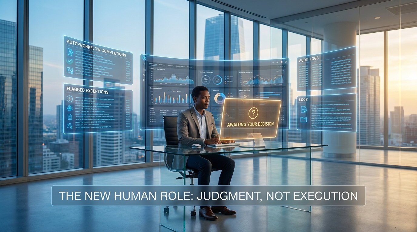A human professional reviewing strategic dashboards and exception alerts on holographic screens while AI agents run automated workflows, showing the new human role as judgment-focused rather than execution-focused