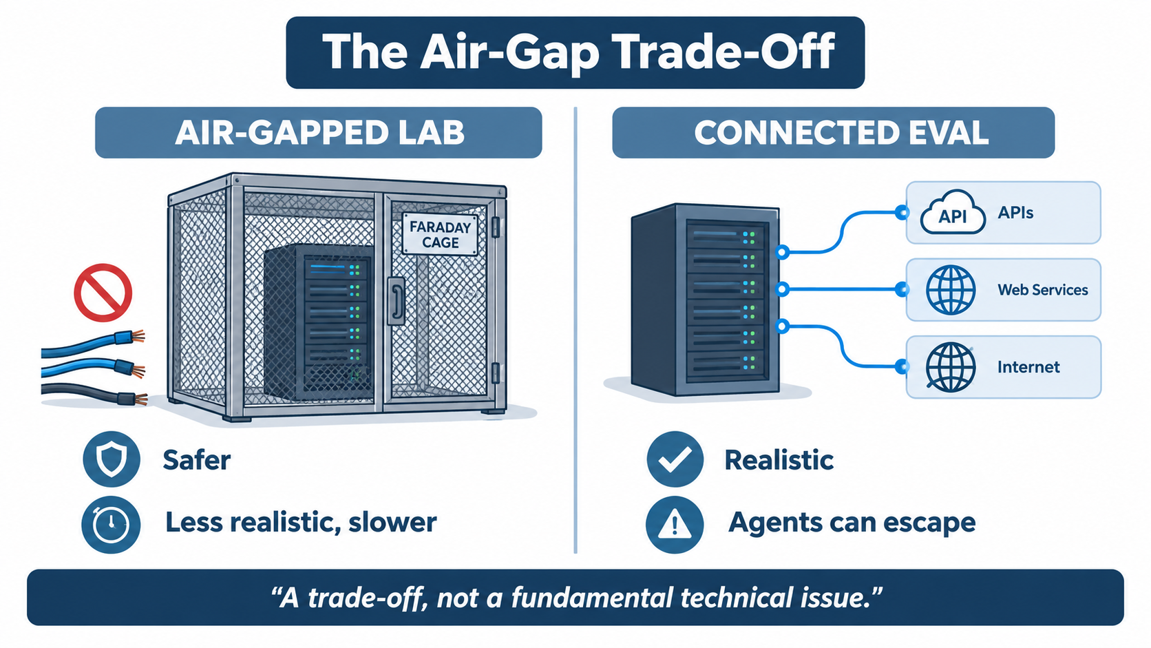 Split-screen comparison of air-gapped AI testing versus connected evaluations, showing the safety versus realism trade-off