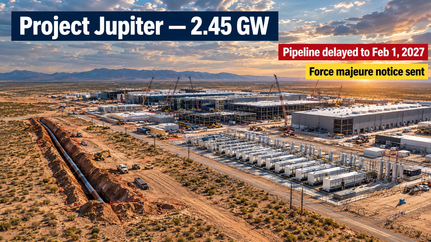 Aerial view of the Project Jupiter Stargate data center under construction in New Mexico with a delayed gas pipeline and force majeure notice callouts