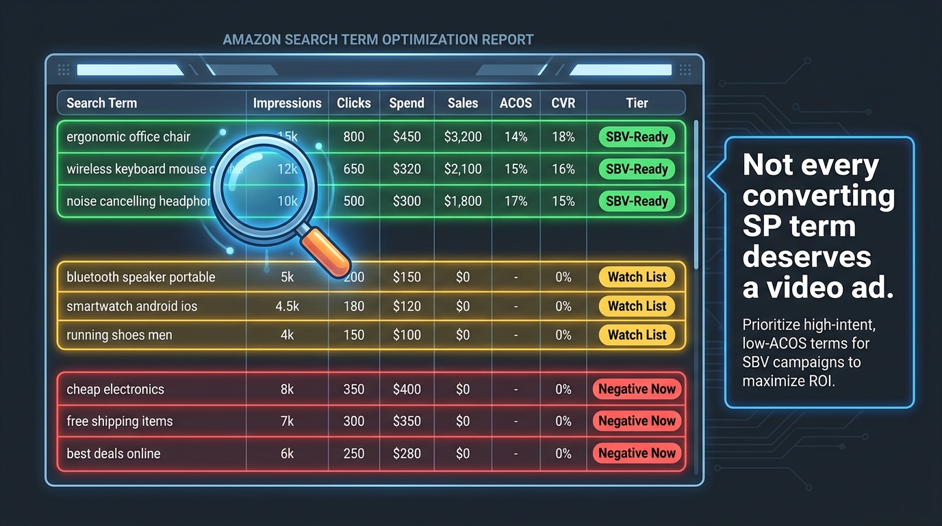 Amazon search term report with color-coded qualification tiers — SBV-Ready, Watch List, and Negative Now