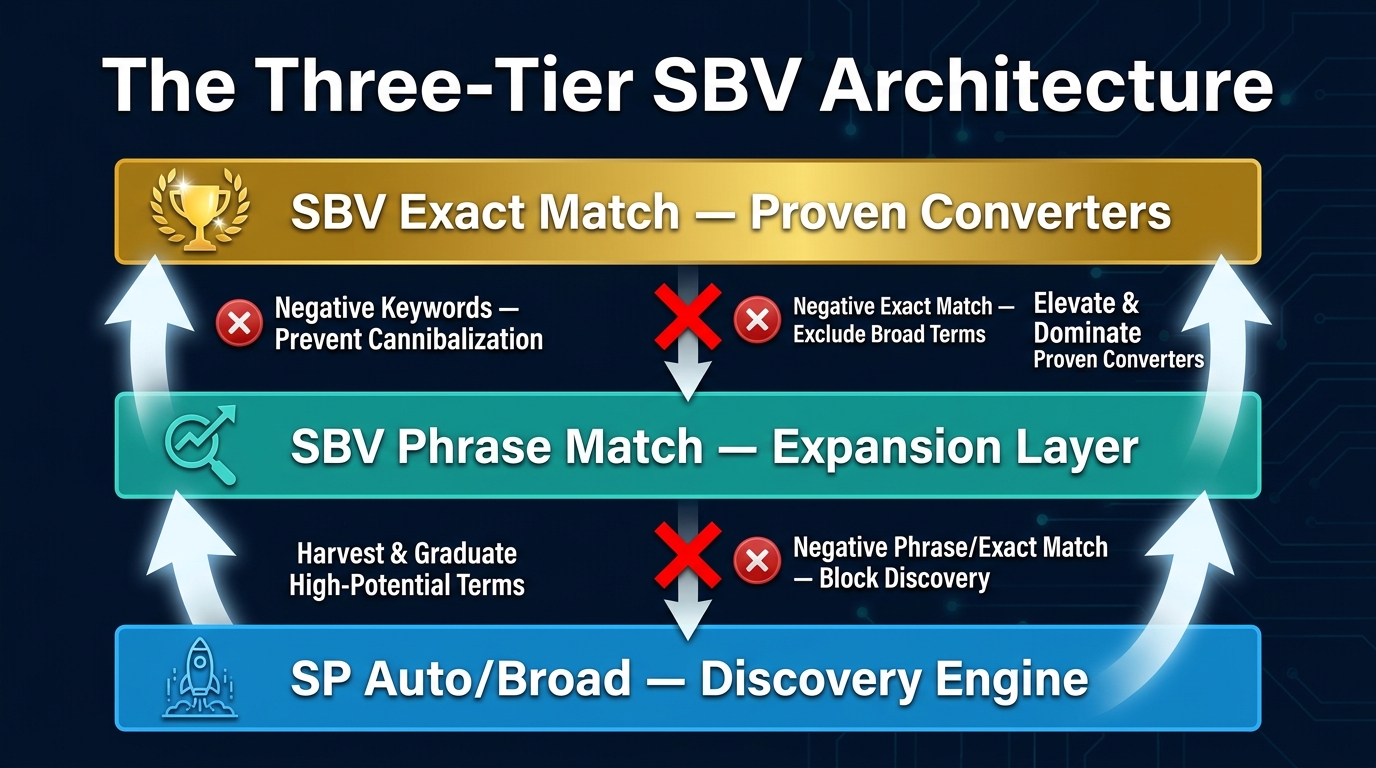 Three-tier SBV campaign architecture diagram — Exact Match proven converters, Phrase Match expansion, SP Auto/Broad discovery