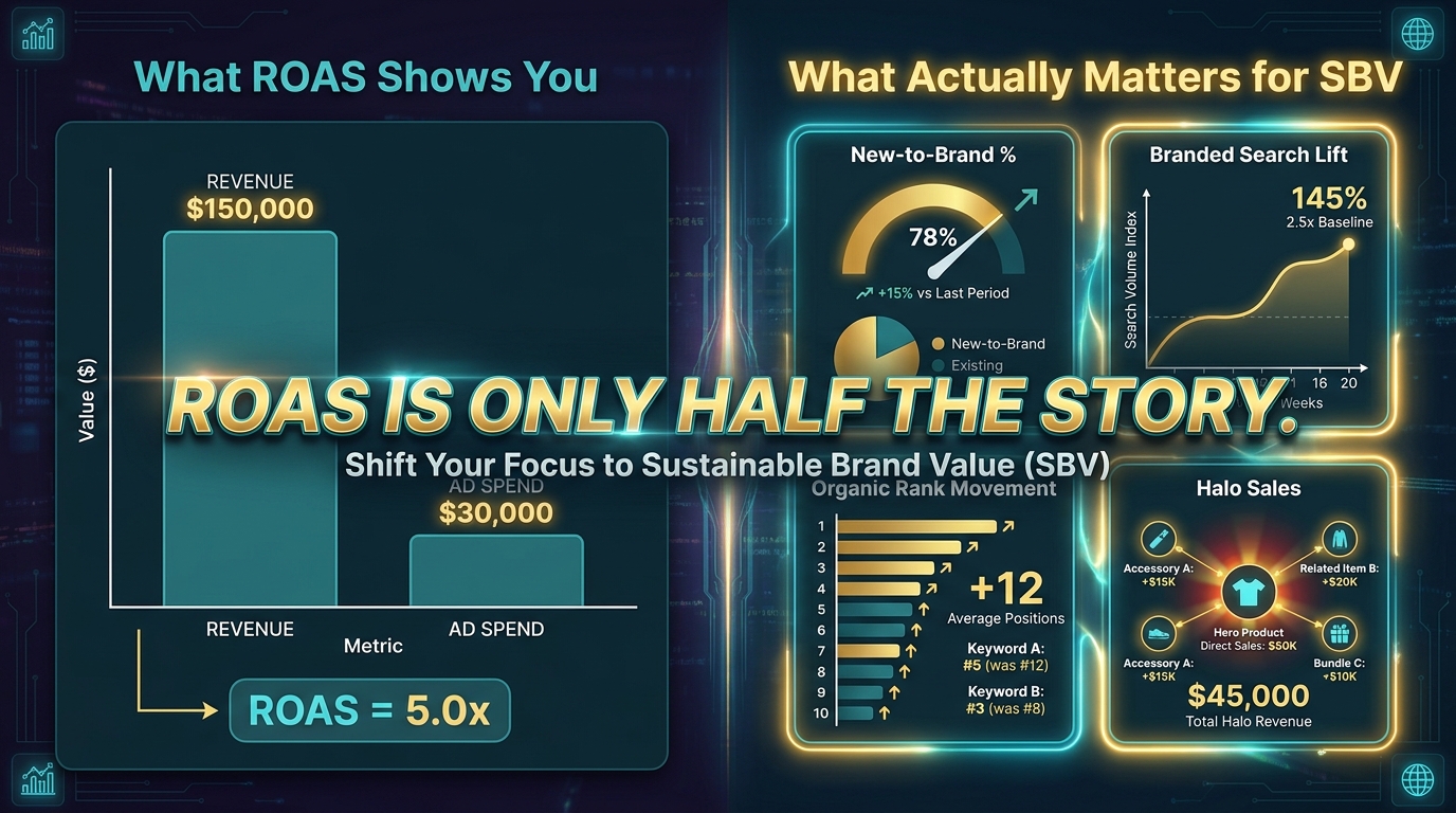 SBV measurement dashboard showing ROAS versus New-to-Brand, Branded Search Lift, and Organic Rank — ROAS is only half the story