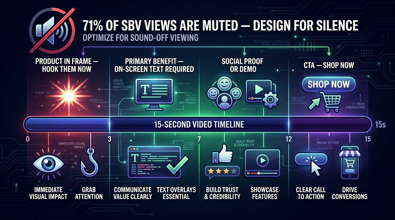 15-second SBV video timeline showing the four key segments with muted-viewing design principles — 71% of SBV views are muted