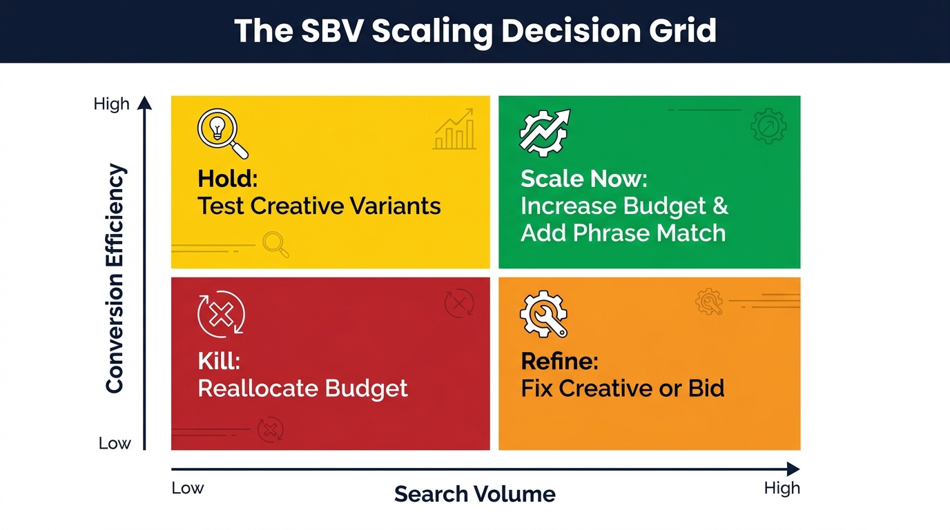 SBV scaling decision matrix — four quadrants based on search volume and conversion efficiency, from Scale Now to Kill