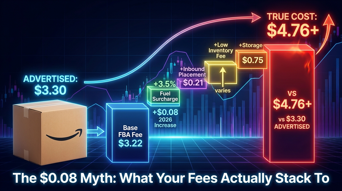 Waterfall chart showing Amazon 2026 fee layering effect — how $0.08 stacks into $1.50+ true cost per unit