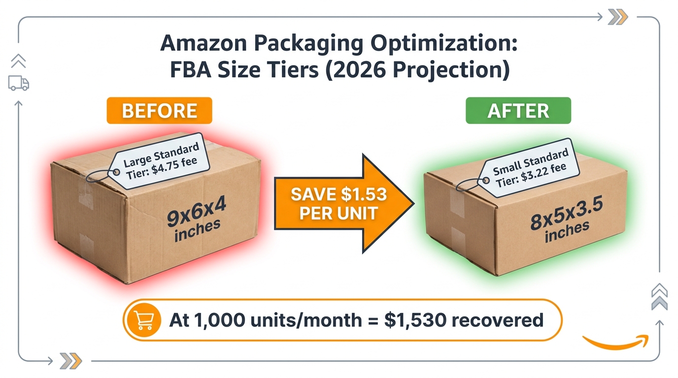 Side-by-side packaging comparison showing box dimension changes that drop from Large Standard to Small Standard fee tier, saving $1.53 per unit