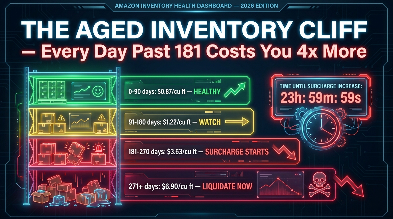 Color-coded Amazon inventory health dashboard showing storage cost escalation from 0-90 days green to 181+ days dark red surcharge zone
