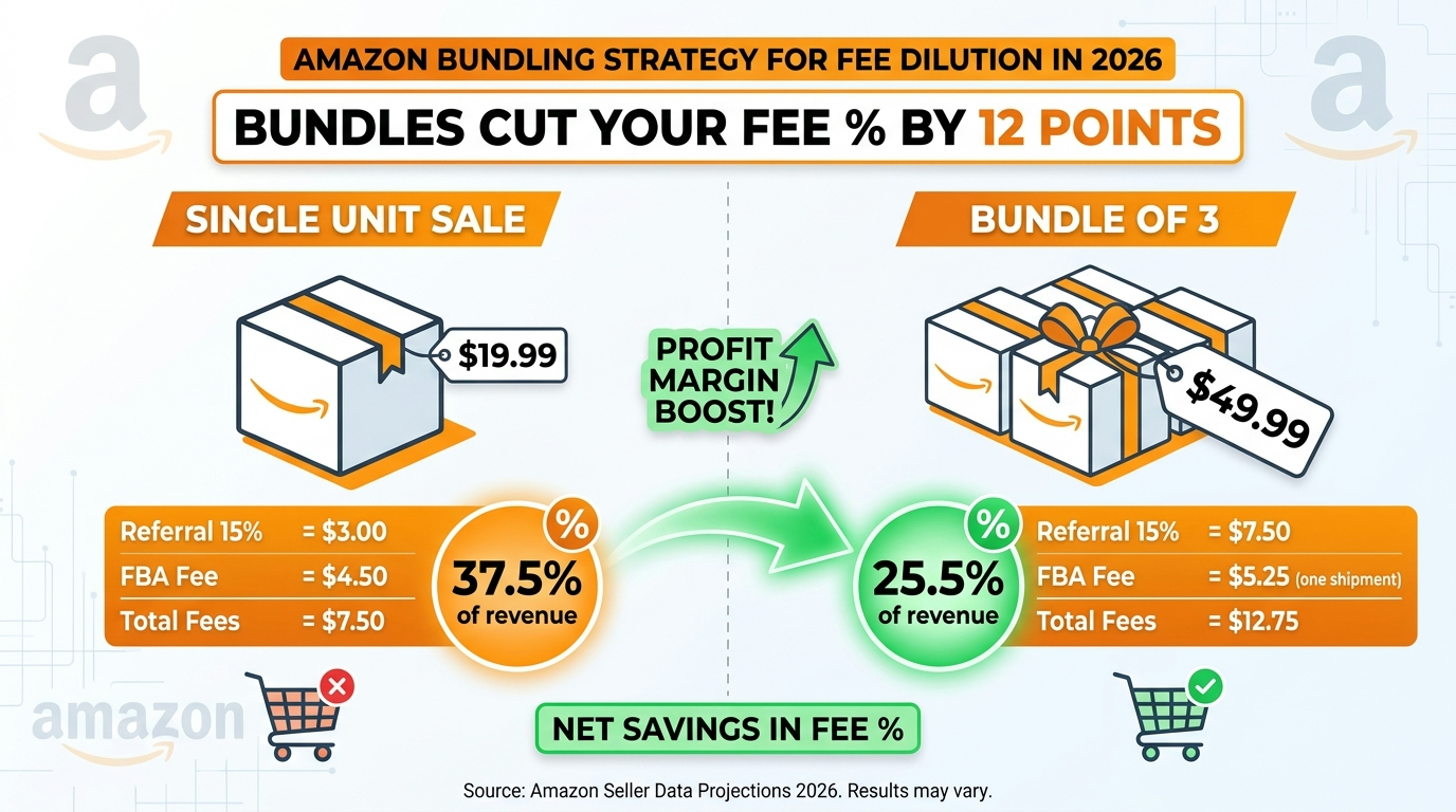 Split comparison showing how bundling 3 products reduces fee percentage from 37.5% to 25.5% of revenue — Amazon bundling strategy 2026