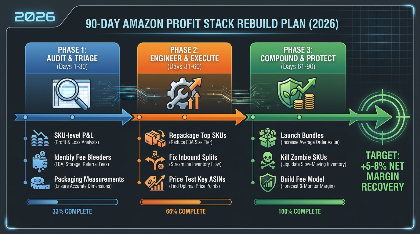 90-day Amazon profit stack rebuild roadmap showing three phases: Audit and Triage, Engineer and Execute, and Compound and Protect