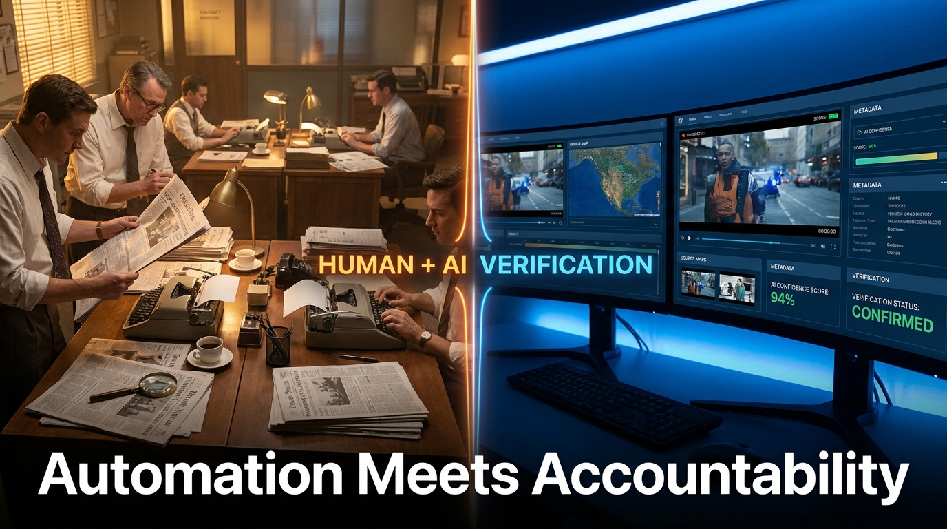 Split-screen of a traditional newsroom and a digital AI verification dashboard, representing the convergence of human and automated journalism