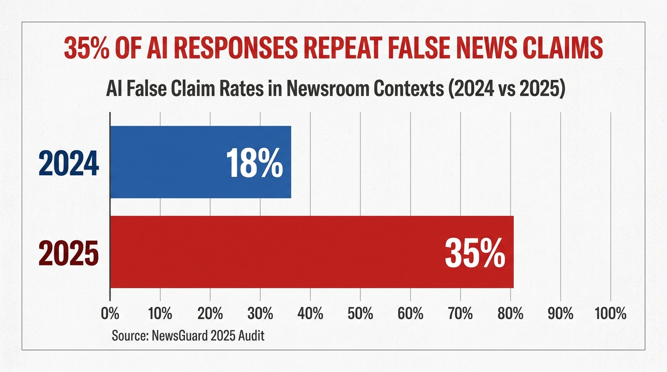 Infographic showing AI false claim rates rising from 18% in 2024 to 35% in 2025, based on NewsGuard audit data