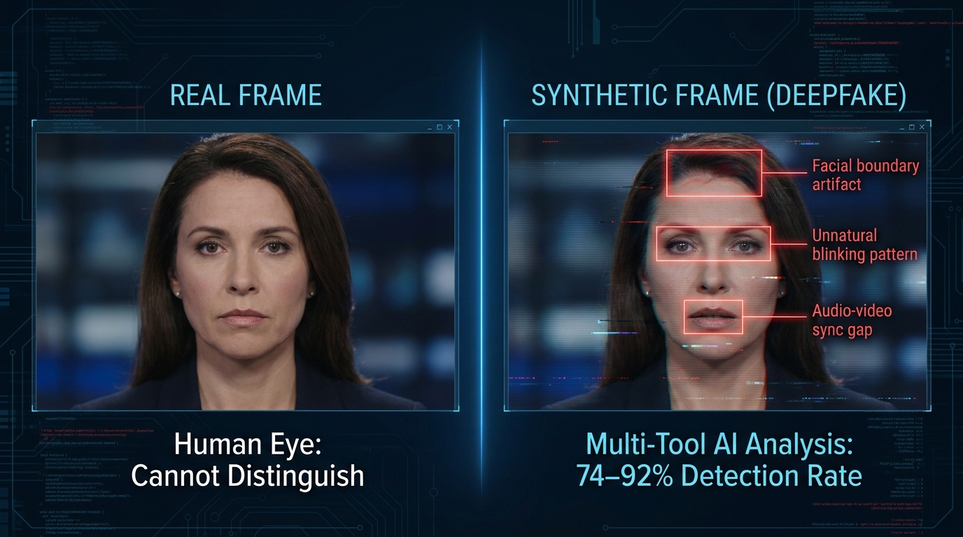 Side-by-side deepfake detection analysis showing real versus synthetic video frames with forensic AI detection callouts