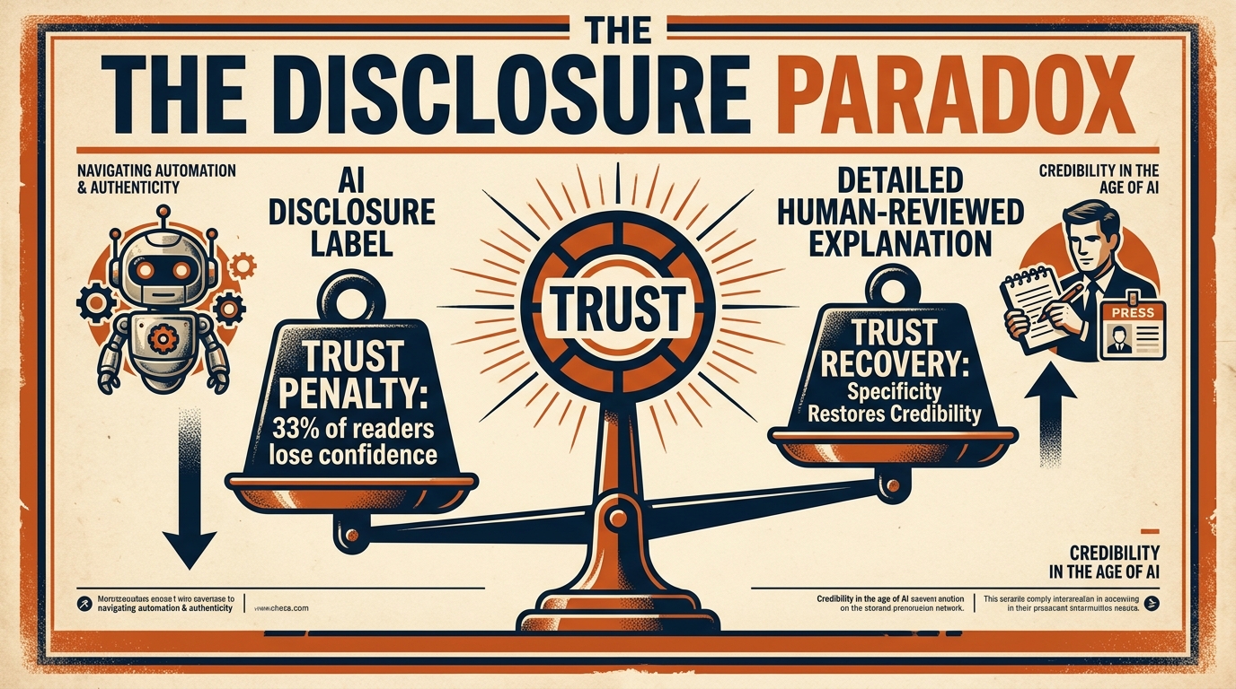 Balance scale visualization showing the disclosure paradox: generic AI labels reduce trust while detailed human-reviewed explanations restore credibility