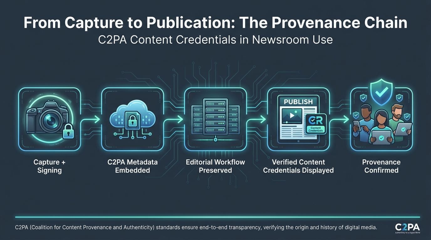 C2PA Content Credentials provenance chain diagram showing the journey from camera capture through editorial workflow to verified publication
