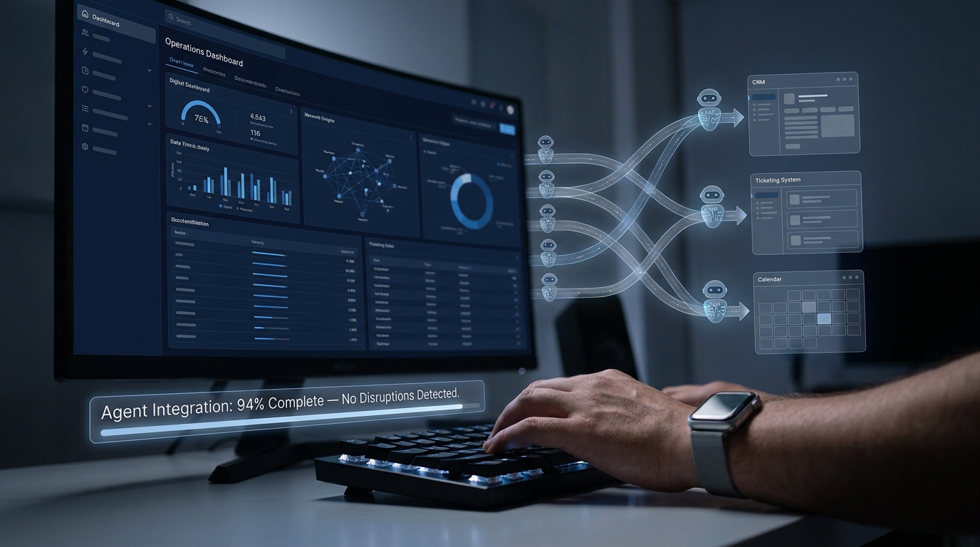 AI agents quietly integrating into client operations dashboard at night — no disruptions detected