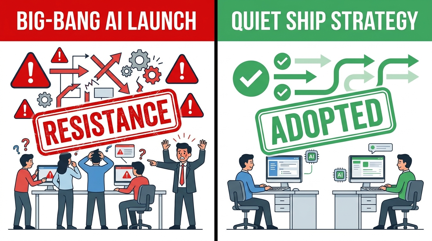 Comparison between Big-Bang AI Launch with resistance versus Quiet Ship Strategy with smooth adoption