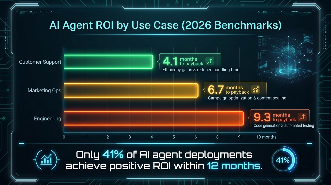 AI Agent ROI by use case: customer support 4.1 months payback, marketing ops 6.7 months, engineering 9.3 months — only 41% achieve positive ROI within 12 months