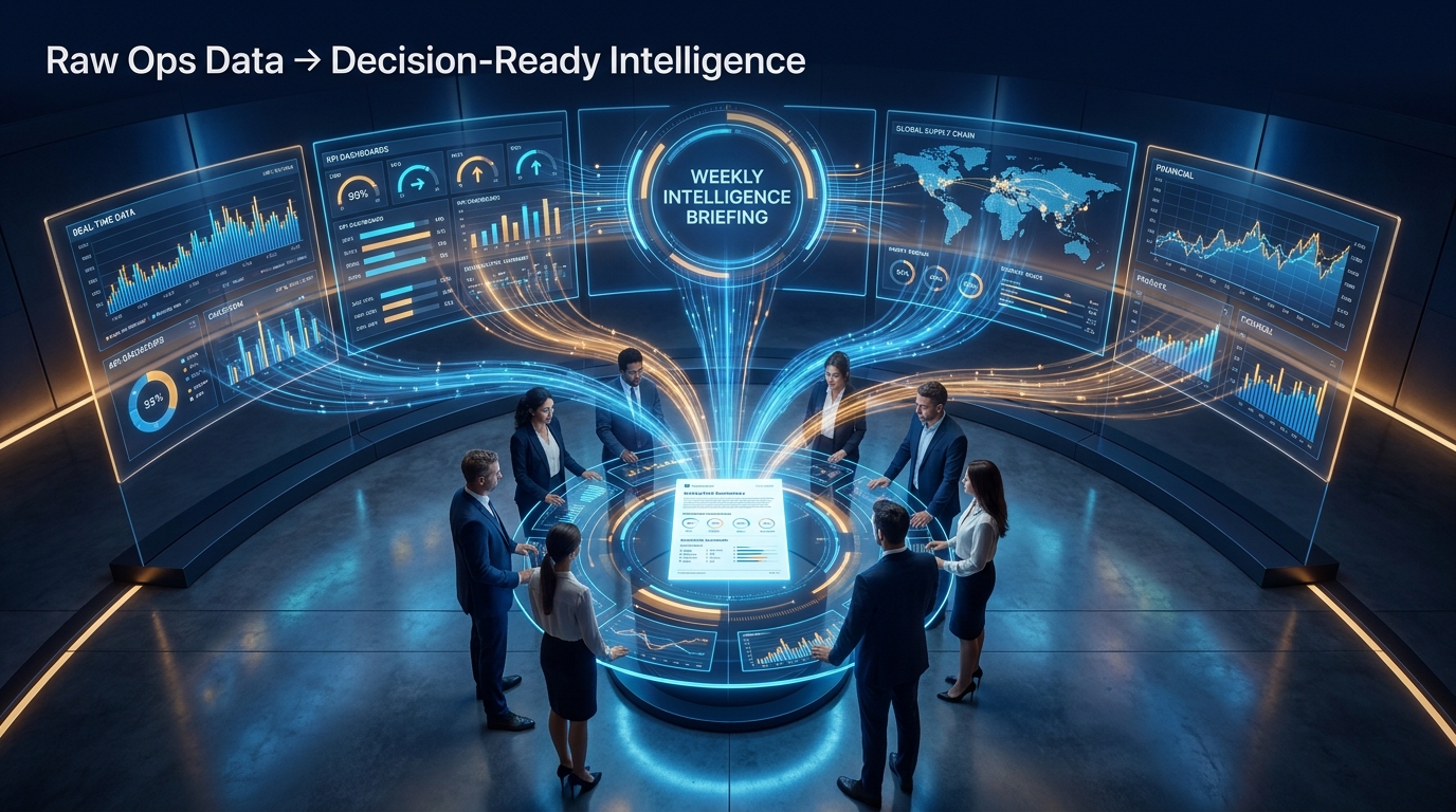 Enterprise AI decision room with operational data streams converging into a weekly intelligence briefing