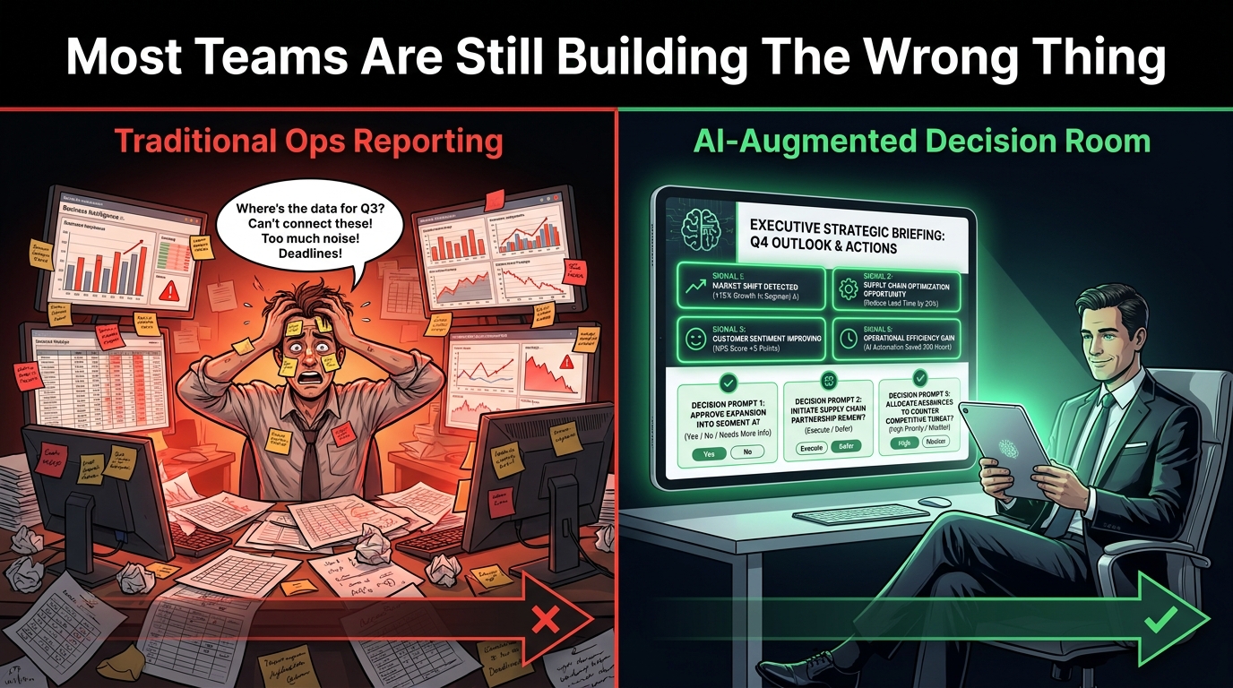Comparison between traditional ops reporting chaos versus AI-augmented decision room with clean single-page briefing
