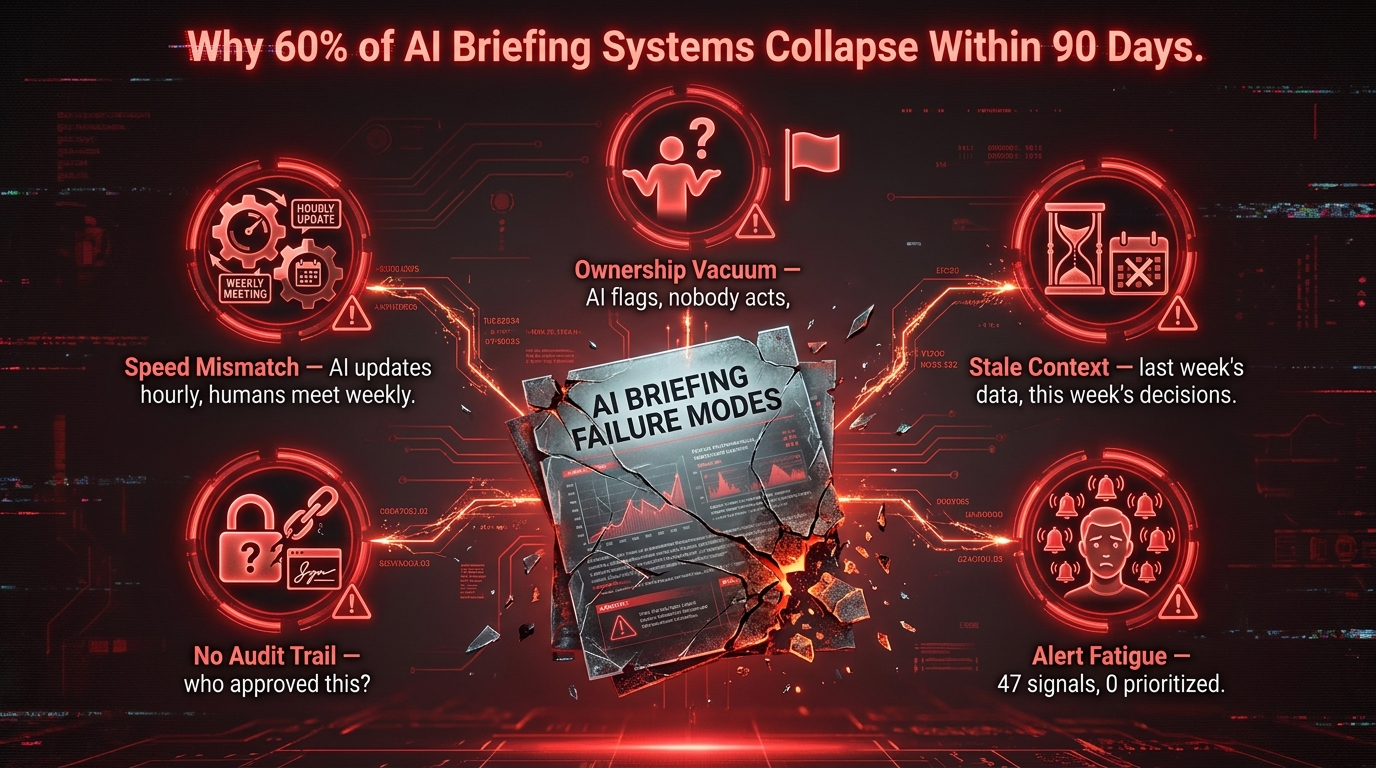 AI briefing failure modes diagram showing ownership vacuum, stale context, alert fatigue, no audit trail, and speed mismatch