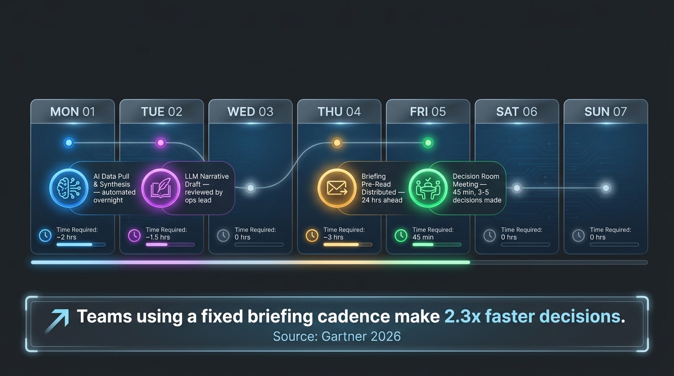 Weekly decision room cadence calendar showing Monday AI data pull through Friday decision meeting with 24-hour pre-read window