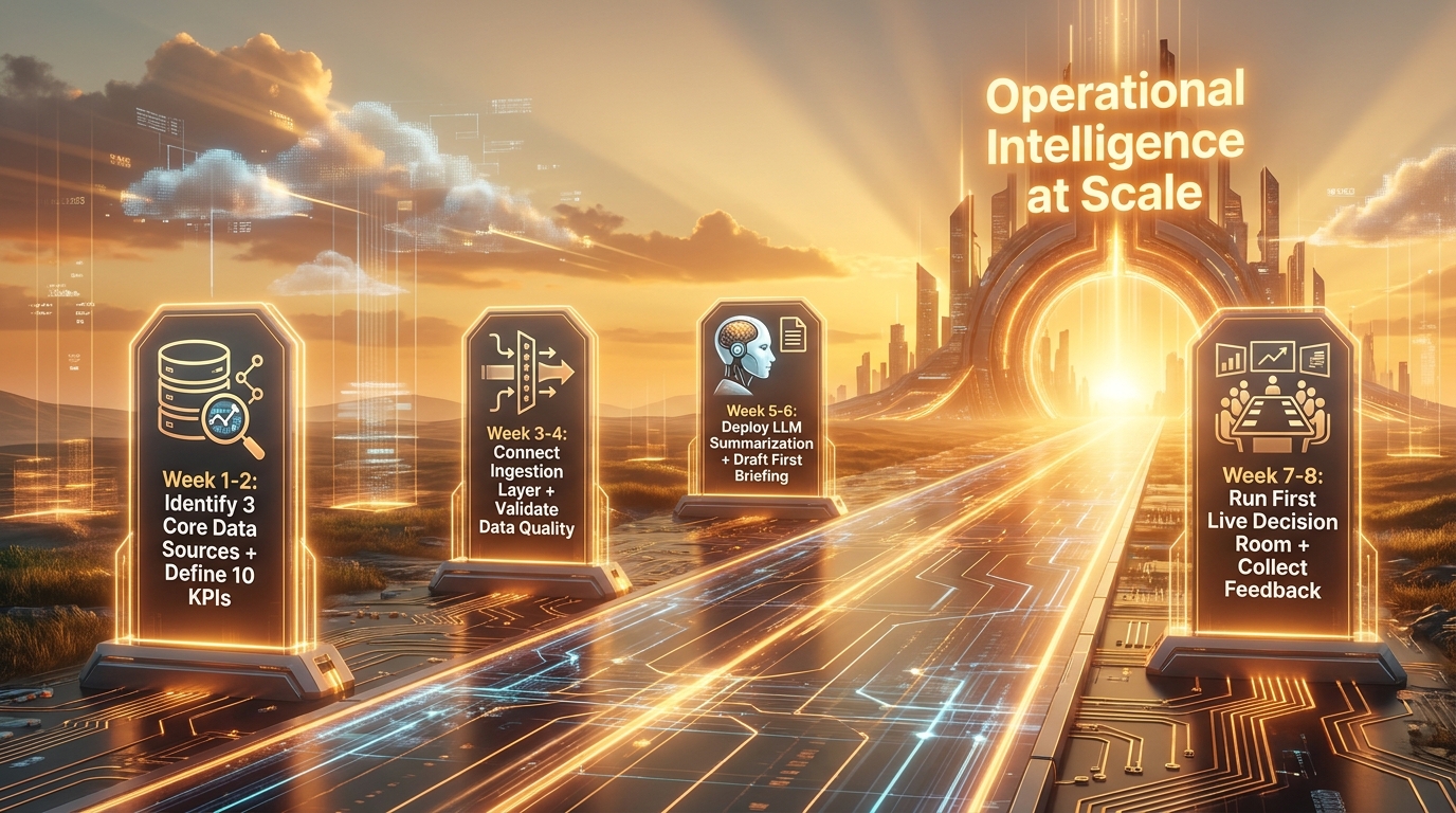 Eight-week implementation roadmap for building an AI-augmented decision room from data source selection to first live meeting