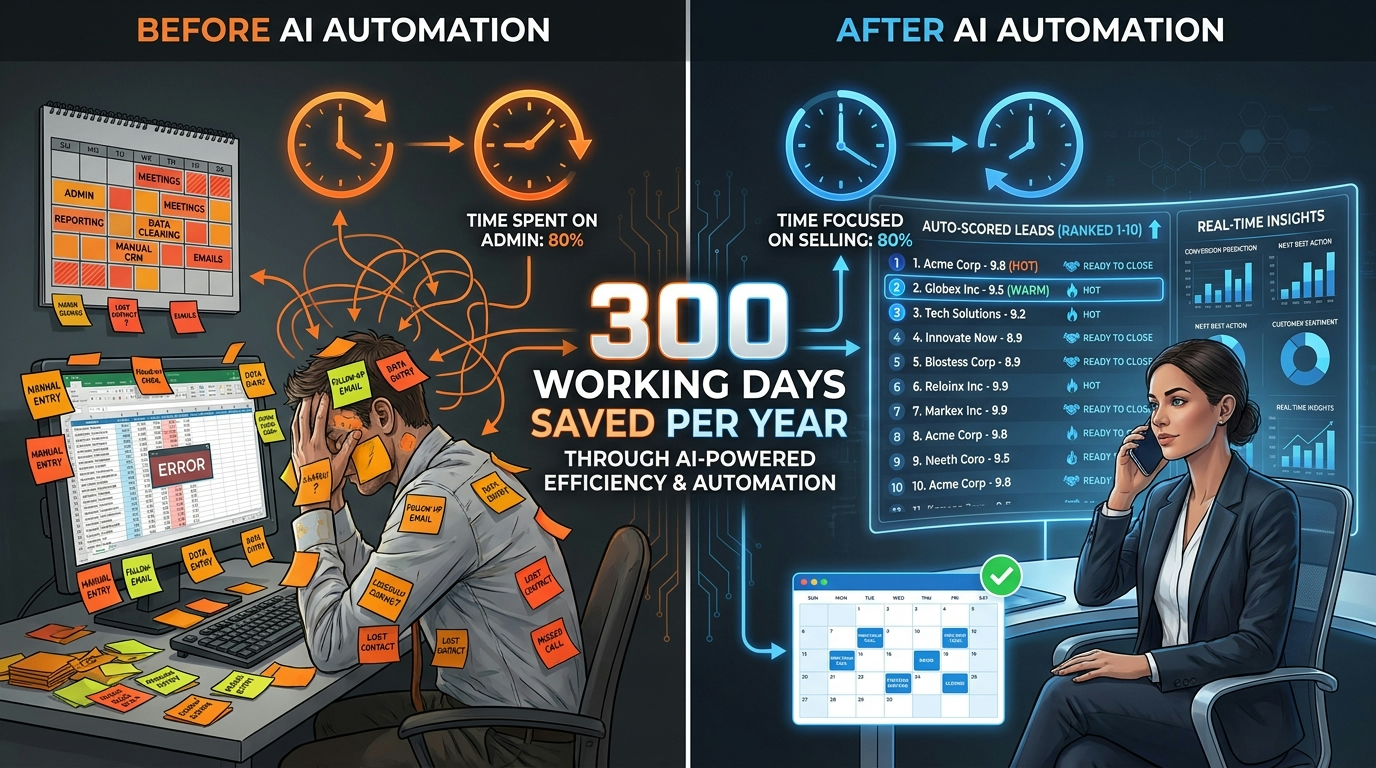 Before and after comparison of AI sales automation — admin eliminated, leads ranked automatically