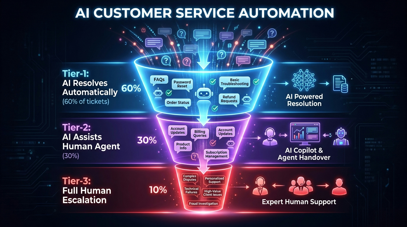 Customer service ticket funnel showing AI handling Tier-1, assisting Tier-2, and escalating Tier-3