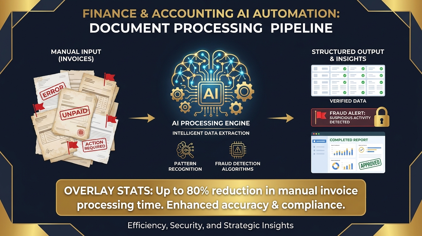 AI finance automation pipeline: messy invoices processed into structured data, fraud flagged, reports generated