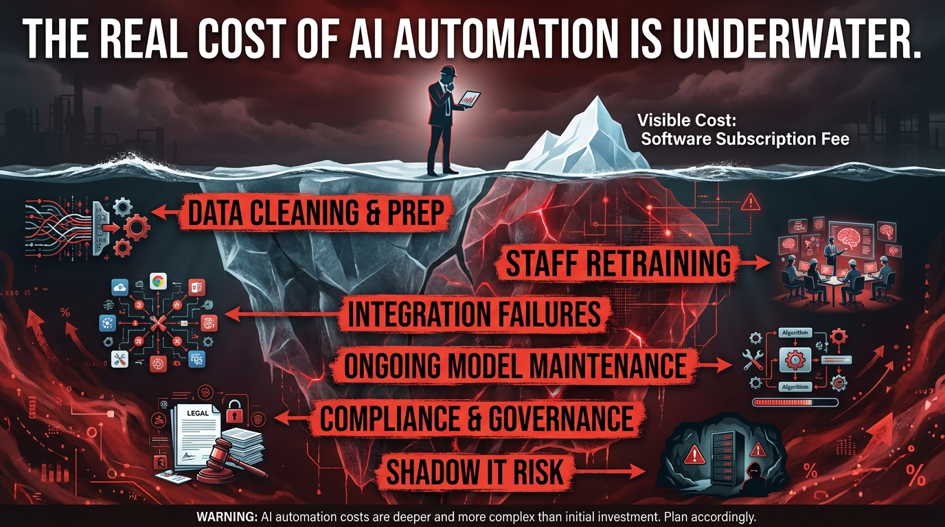 Iceberg diagram showing visible AI automation costs above water and hidden costs below — data cleaning, retraining, compliance, integration