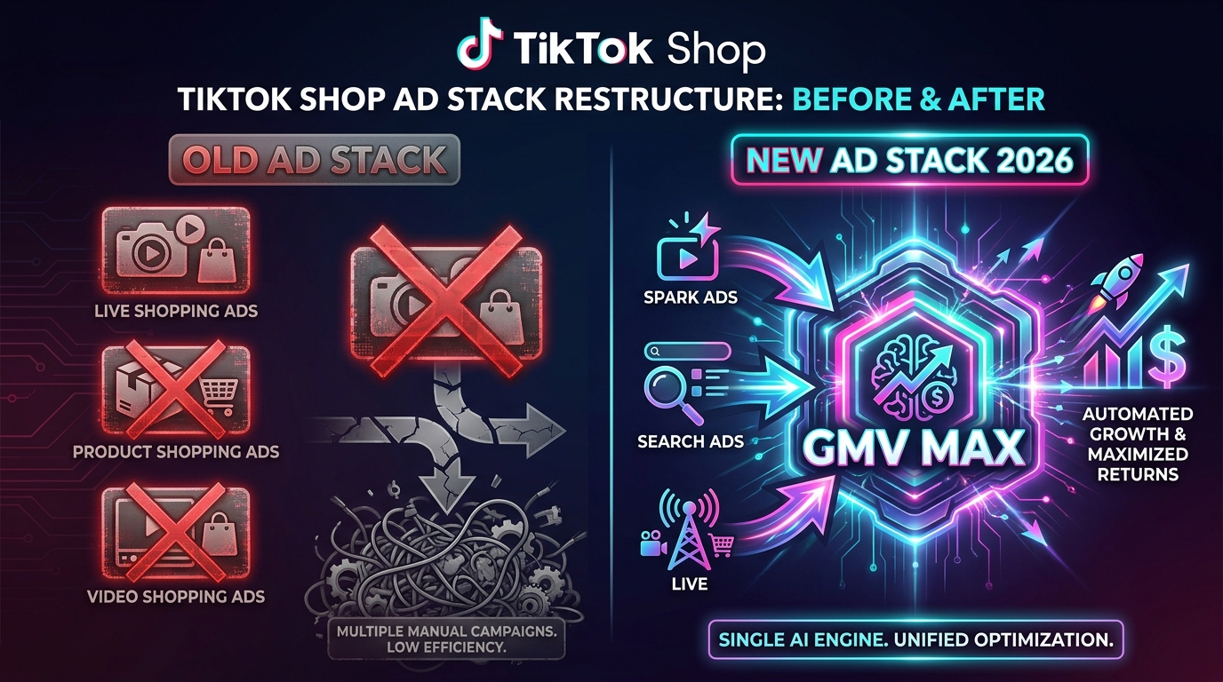 TikTok Shop ad stack before and after — old manual campaign formats replaced by GMV Max in 2026