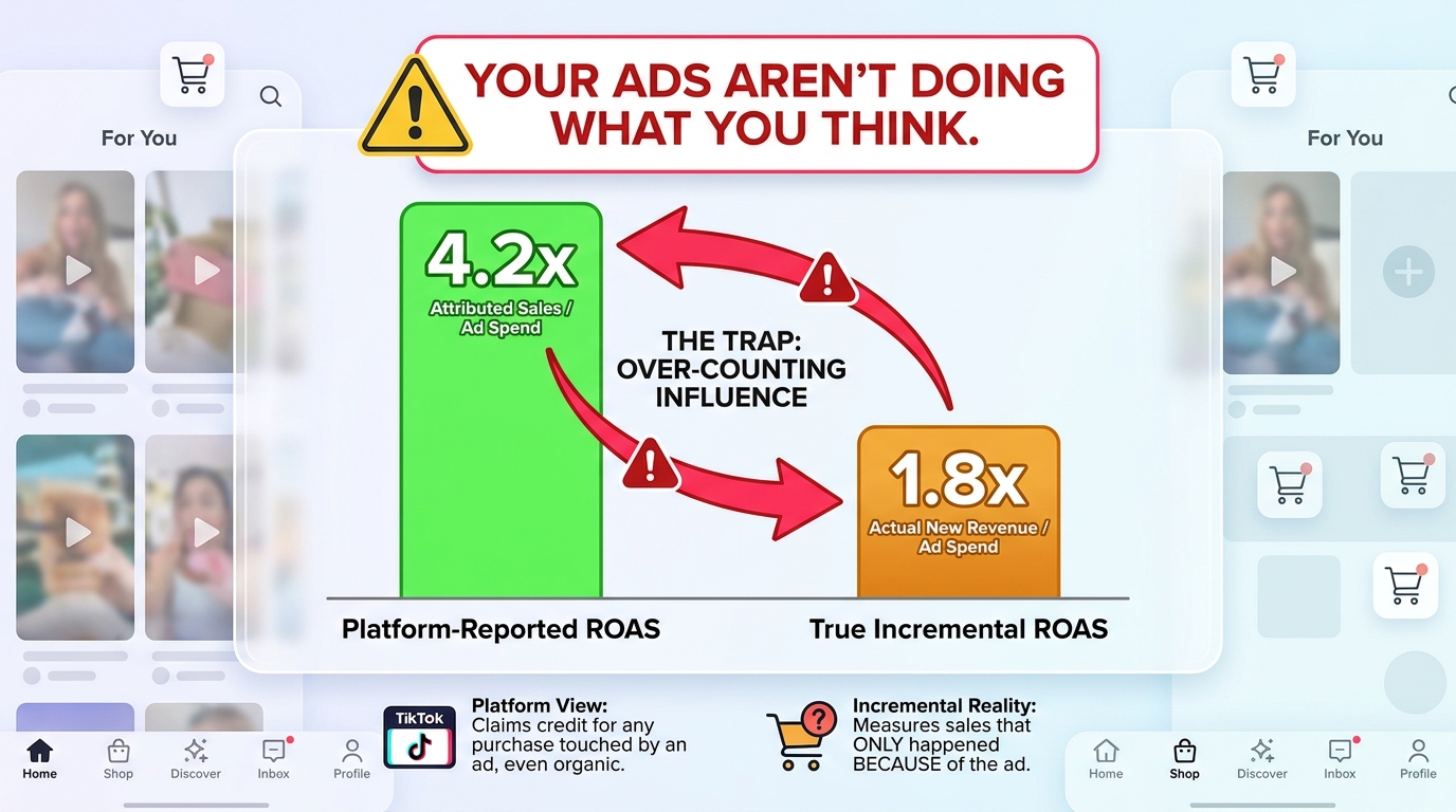 Side-by-side bar chart showing TikTok Shop platform-reported ROAS of 4.2x versus true incremental ROAS of 1.8x