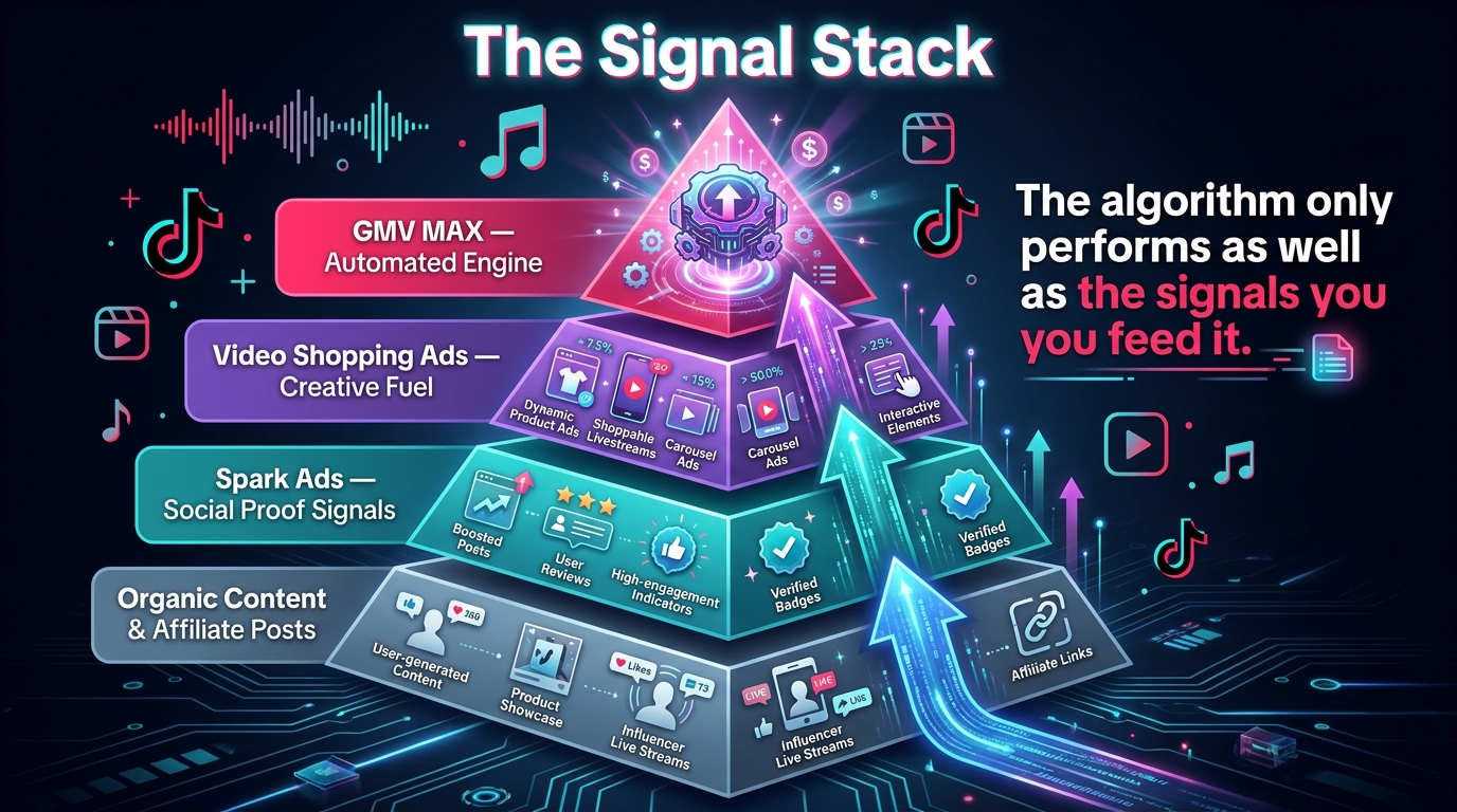 The signal stack pyramid showing how organic content, Spark Ads, and Video Shopping Ads feed TikTok's GMV Max algorithm