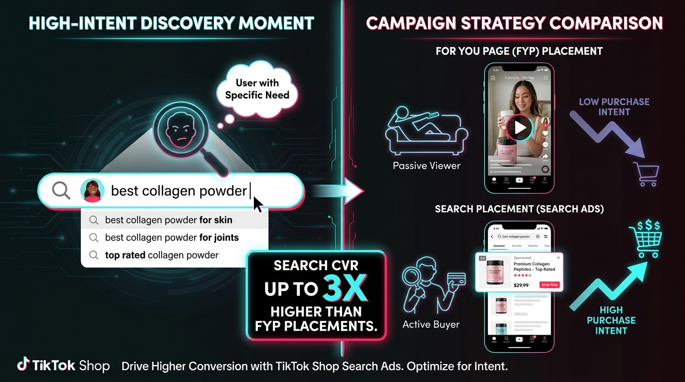 TikTok Shop Search Ads strategy showing high-intent buyer discovery versus passive For You Page browsing, with search CVR comparison