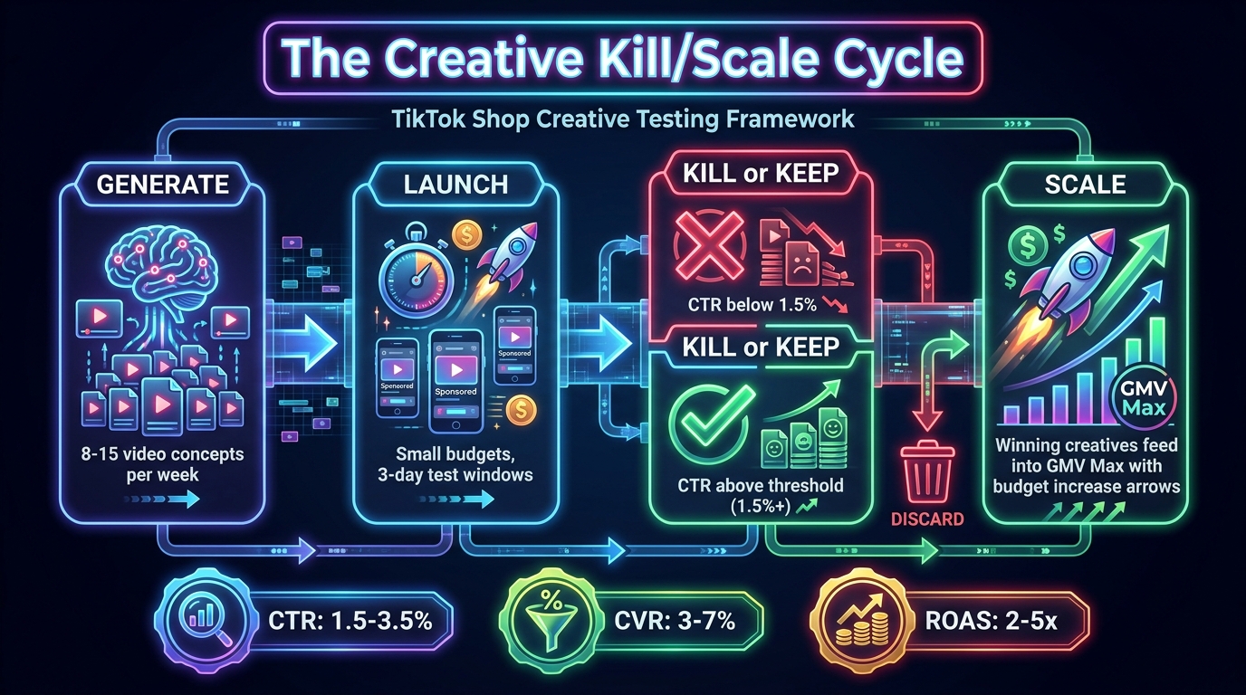 TikTok Shop creative kill-and-scale cycle flowchart showing the four stages from generate to launch to kill-or-keep to scale, with performance benchmarks