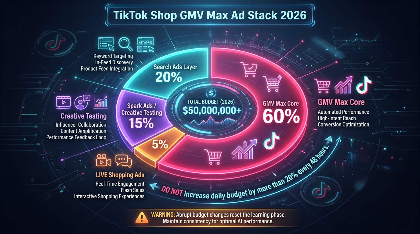 TikTok Shop ad budget allocation wheel for 2026 showing GMV Max at 60 percent, Search Ads at 20 percent, Spark Ads at 15 percent, and LIVE Shopping Ads at 5 percent