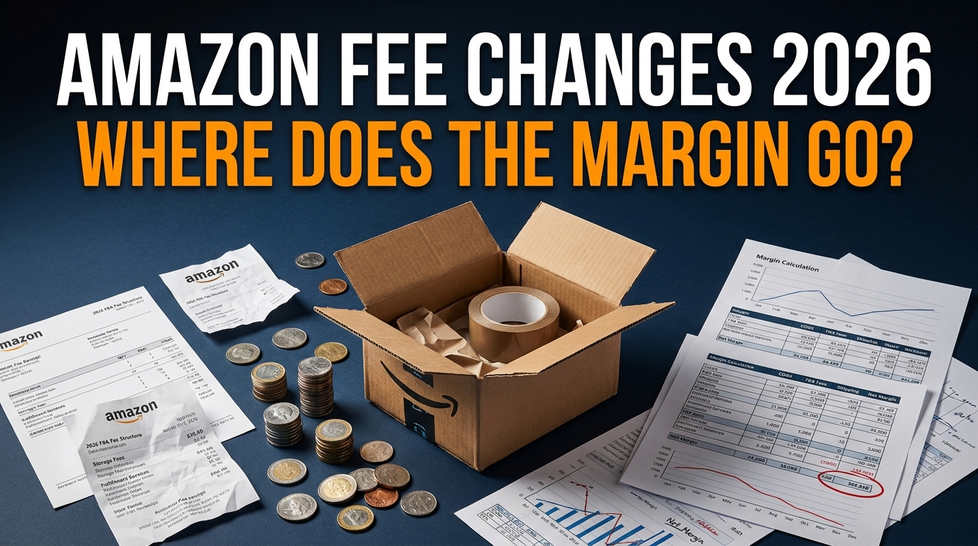 Amazon Fee Changes 2026 — Where Does the Margin Go? Hero image with shipping box, coins, and fee calculation sheets on a dark desk