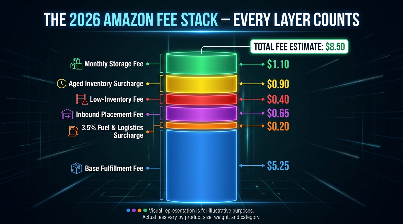 The 2026 Amazon Fee Stack infographic showing all fee layers: base fulfillment, fuel surcharge, inbound placement, low-inventory, aged inventory, and monthly storage