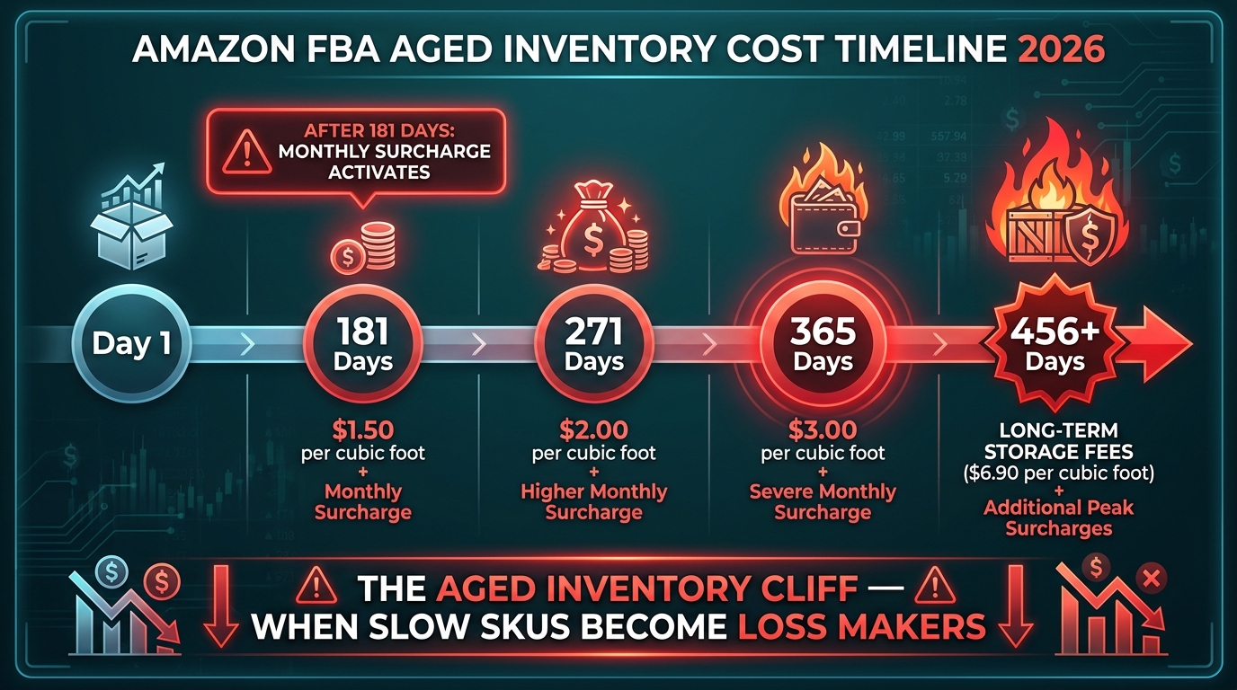 Aged inventory timeline showing cost escalation cliffs at 181, 271, 365, and 456+ days in Amazon FBA storage