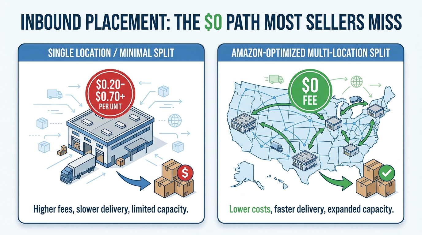 Inbound placement fee comparison: single location vs. Amazon-optimized multi-location split showing $0 fee path across US map