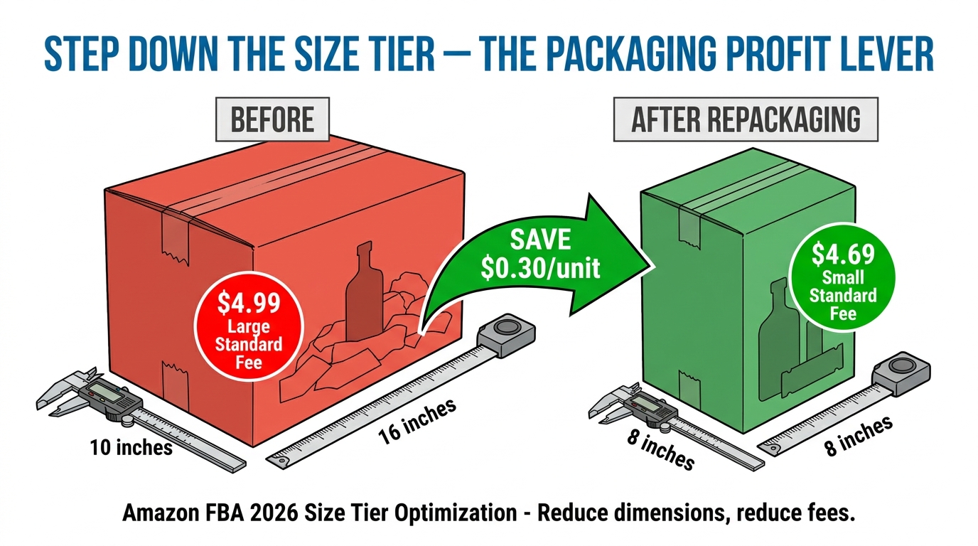Packaging engineering for Amazon FBA size tier optimization — before and after repackaging showing fee reduction